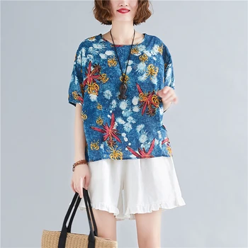 

COIGARSAM Casual Print blouse women Short Sleeve Cotton Linen Loose blusas womens tops and blouses Cowboy Blue 8903