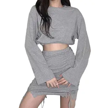 

Autumn Women's Sets Cotton Women's Sexy 2 Piece Outfits Long Sleeve O-Neck Crop Top Drawstring Skirt Set 2021 Spring Clothing