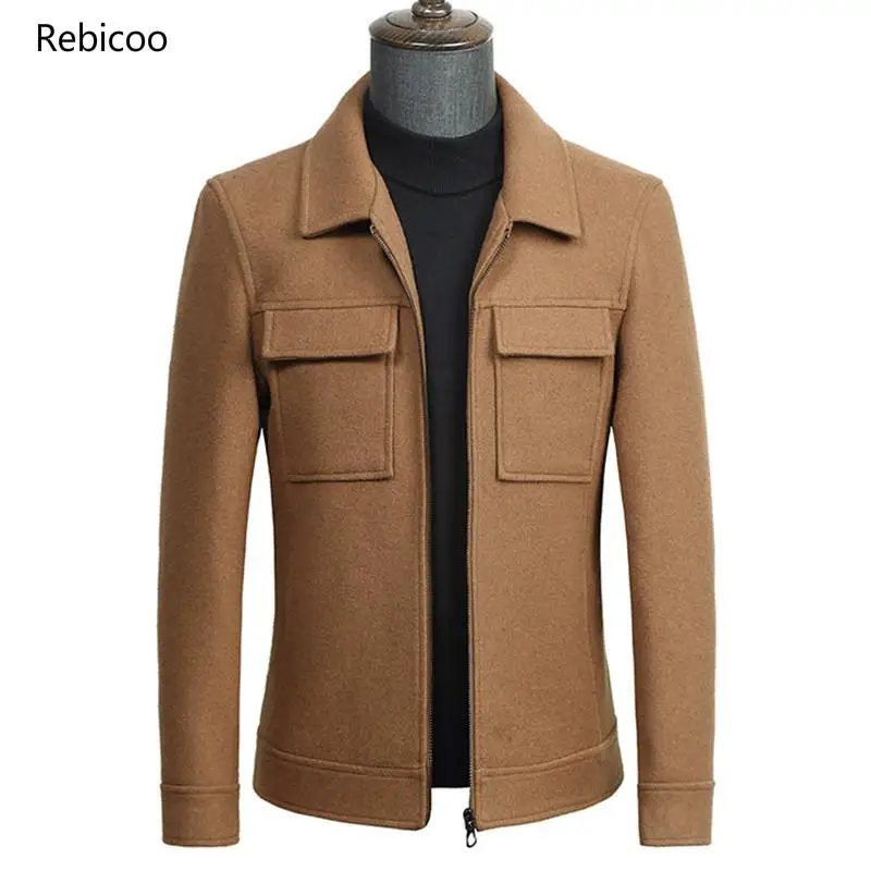 

Autumn Winter Short Woolen Coat Mens Slim Wool Jacket Long Sleeve Casual Khaki Overcoats Male Thick Plus Size Blend Coat