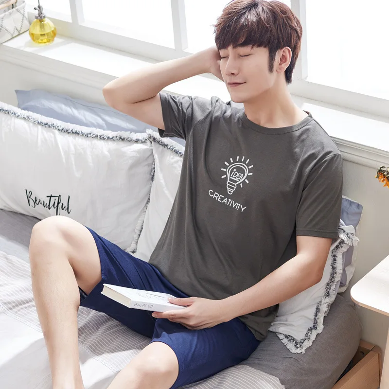 Pajama male summer short sleeve cotton qualitative pure color summer individual character tide takes home thin money suit