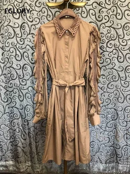 

New Arrival 2020 Spring Runway Style Women Turn-down Collar Hollow Out Lace Embroidery Patchwork Long Sleeve Casual Dress Chic