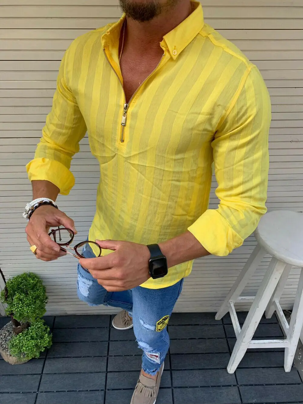 Новая мода мужские роскошные стильные летние повседневные рубашки приталенная рубашка с длинным рукавом черный белый желтый красный - Цвет: Цвет: желтый