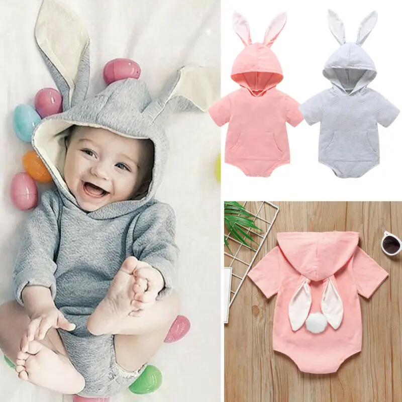 baby bodysuit Brand 0-24M Newborn Infant Baby Boy Girl Easter Short sleeve Bunny Ear Hooded Tail Jumpsuit Playsuit