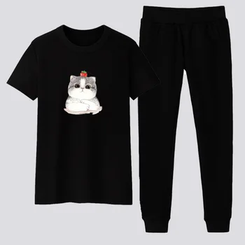 

Two Piece Set Tracksuit Women Jogging Femme Woman Clothes Conjunto Deportivo Mujer Cat Print Tee Top and Pants Sweatsuit Outfits