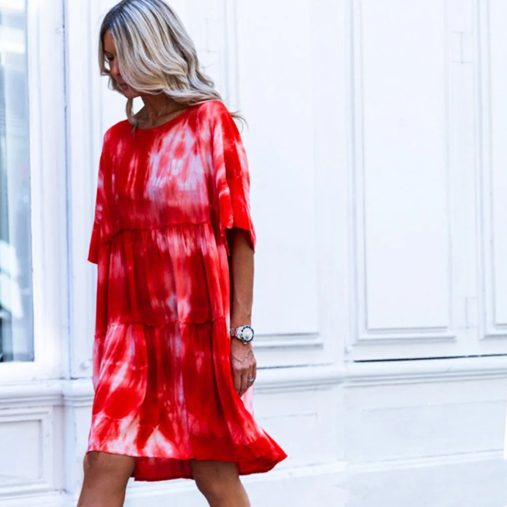 red dress Краситель Для Галстука Совок Шеи Платье Изменяемый Капля Плечо Хиппи Лоскутный Платье Отделанный Оборками Повседневный Уличный Стиль Харадзюку Xxl Половина Рукав Женщина Платье Красное Зеленое Синий Белое - Цвет: red dress