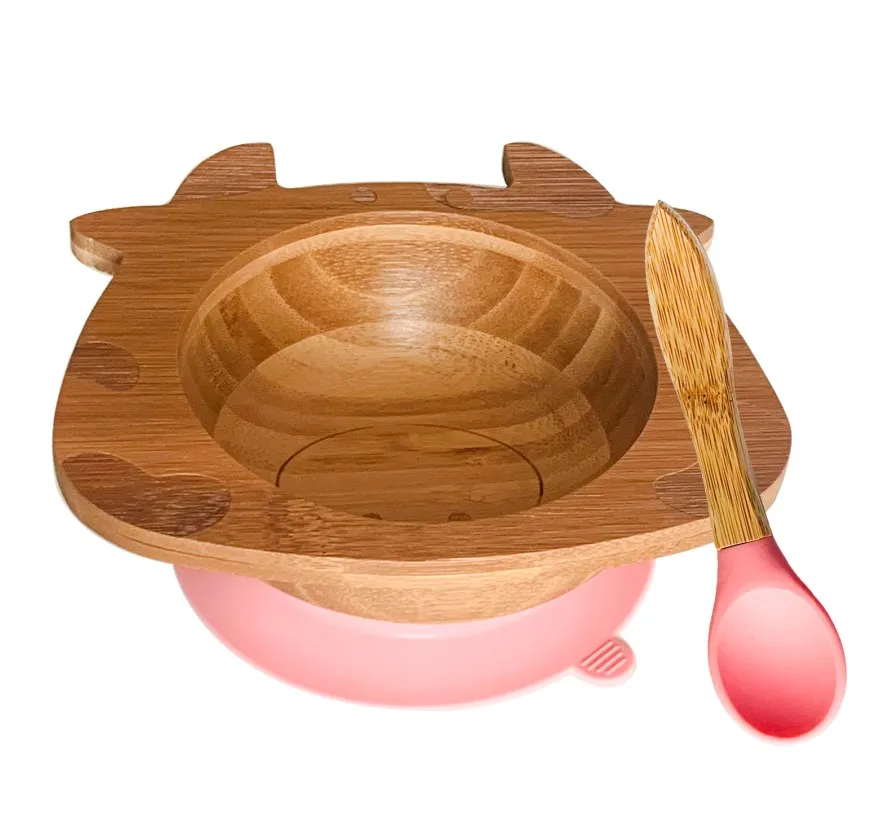 Горячая корова Смарт держать всасывания чаша, оставаться в месте, сделанный из натурального бамбука и пищевого силикона - Цвет: Pink Bowl and Spoon