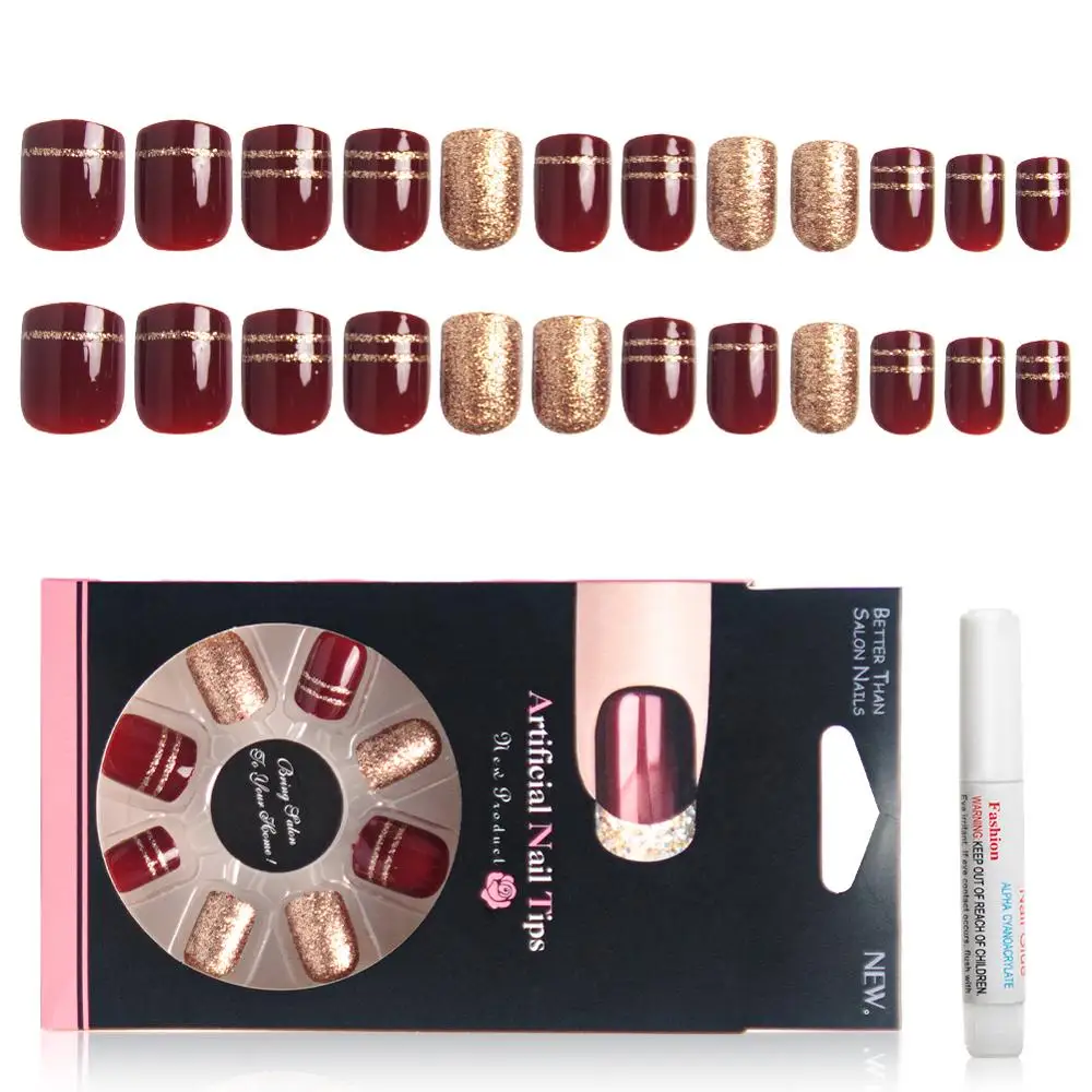 

Press On False Nail Tips Mix Color 24 Pcs/Box Artificial Fake Nails Reusable Acrylic Nails With Glue