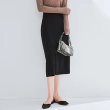 Zhichu/женские юбки с эластичной лентой; сезон осень-зима; теплая трикотажная прямая юбка; юбка средней длины; черная