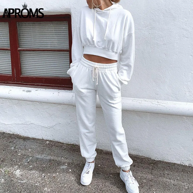 

Aproms Solid Cropped Hoodie Suit Womens Two Piece Set Tracksuits Jogger Autumn Sweatshirt and Pants Female Hooded Pullovers 2020