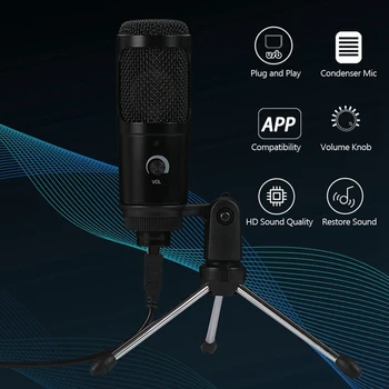 

Hot-Condenser Microphone USB Microphone Karaoke Recording with Clip Tripod Plug and Play for Laptop Desktop PC