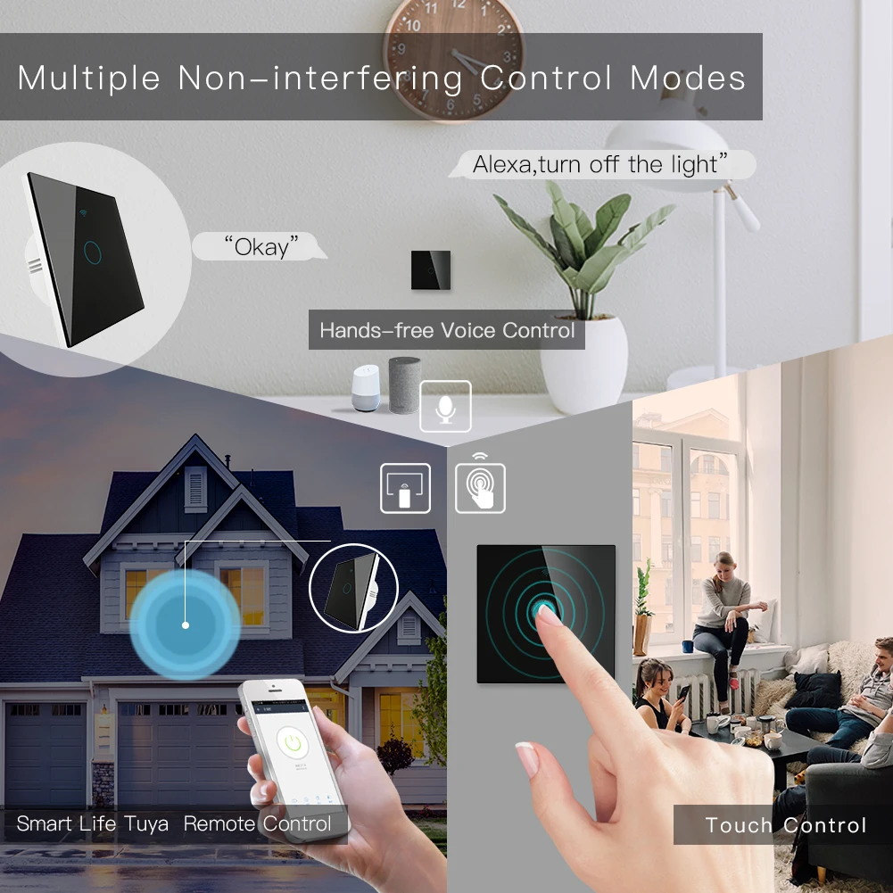 Черный Wi-Fi Смарт настенный сенсорный выключатель света совместим с приложение Smart Life/Tuya Беспроводной дистанционного Управление работать с Alexa Google Home