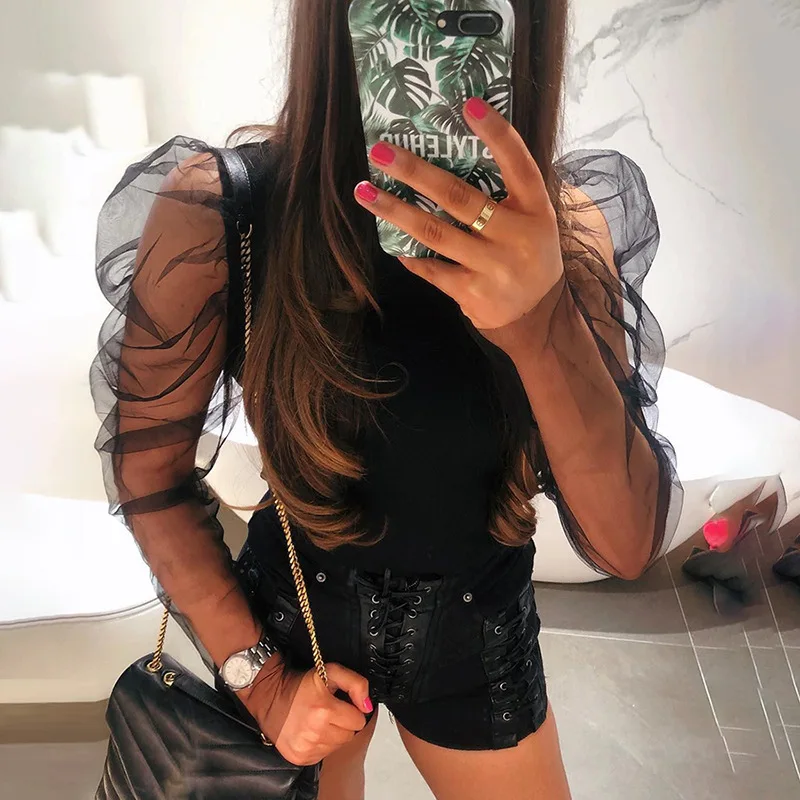 

2019 New Arrival Autumn Women Casual Date Mesh Long Pile of Sleeve O Neck T-shirt Solid S M L Black White Drop Shipping