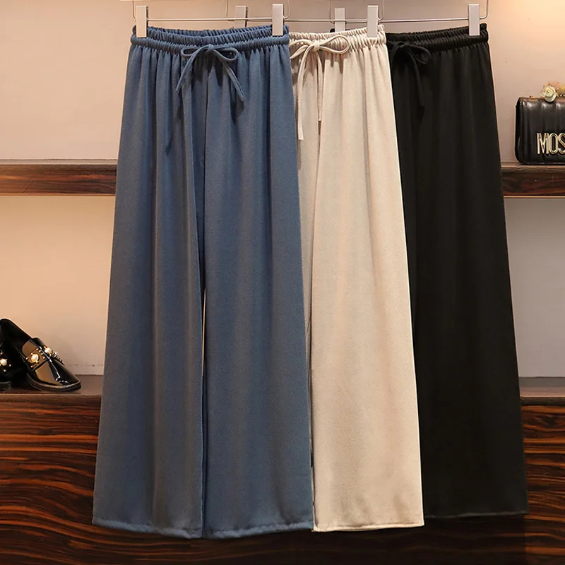 

Women Autumn Cotton Solid Color Loose Wide Leg Pants Ankle Length Casual Elastic Waist Wild Plus Size Thick Warm Slim Trousers