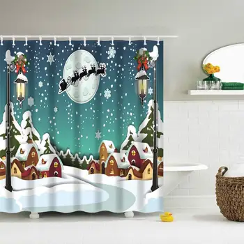 

Christmas Shower Curtain for Bathroom with Hooks, Snow Santa Claus Deer Decorations Bathroom Curtains Teal
