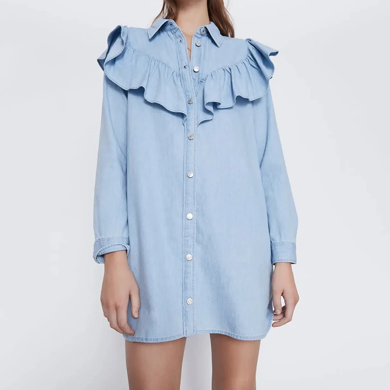 

Lapel Collar Women Sweet Fashion Long Sleeve Female Shirts Office Wear Ruffles Denim Blouses Blusas Chic Tops