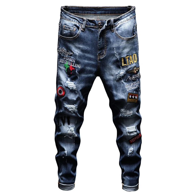 

New style Men's summer personality jeans hole patch embroidery jeans stretch European American tide pants trousers