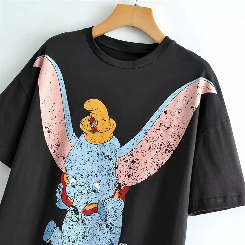 Женская футболка Dumbo, летняя футболка с рисунком слона, топы, новинка, Женский Топ с круглым вырезом и коротким рукавом, черная футболка A136