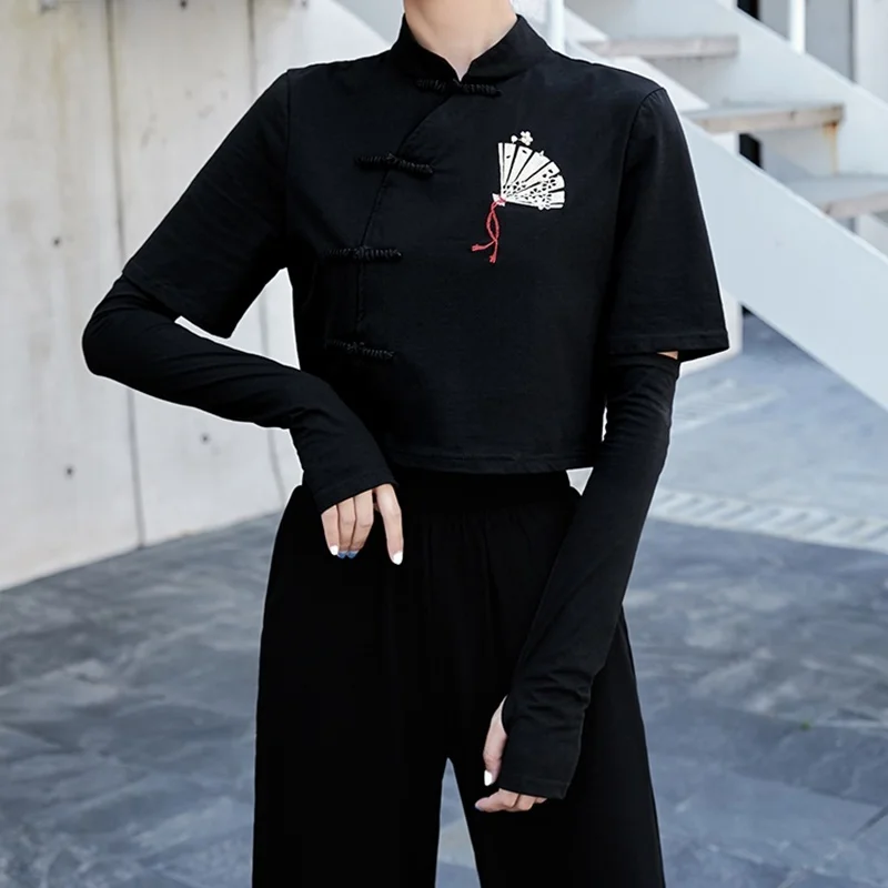 Chinese Dress Fan Print T-Shirt Women Asian Streetwear Crop Tops