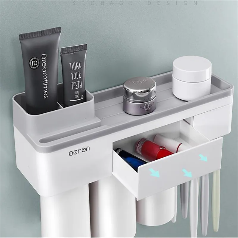 

Multifunctional Punch-Free Wall-mounted Toothbrush Storage Rack Magnetic Adsorption Toothpaste Holder Toothbrush Squeeze Holder