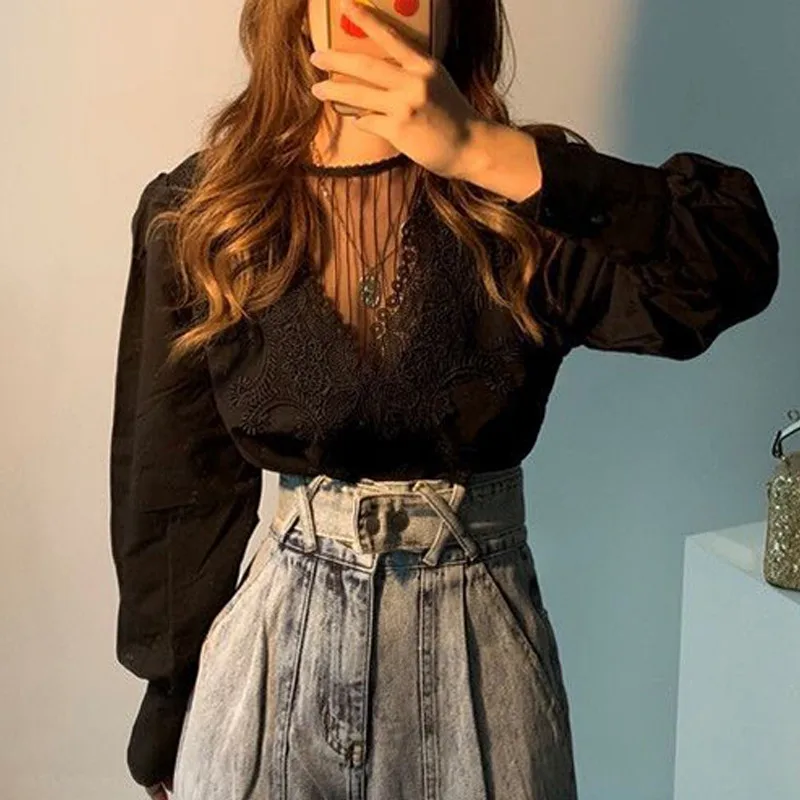 Black Shirt Women RICININA, женские рубашки с длинным рукавом и круглым вырезом, вышивка, открытая кружевная Корейская винтажная блузка, женские рубашки, повседневные топы, весна - Цвет: Black Shirt Women