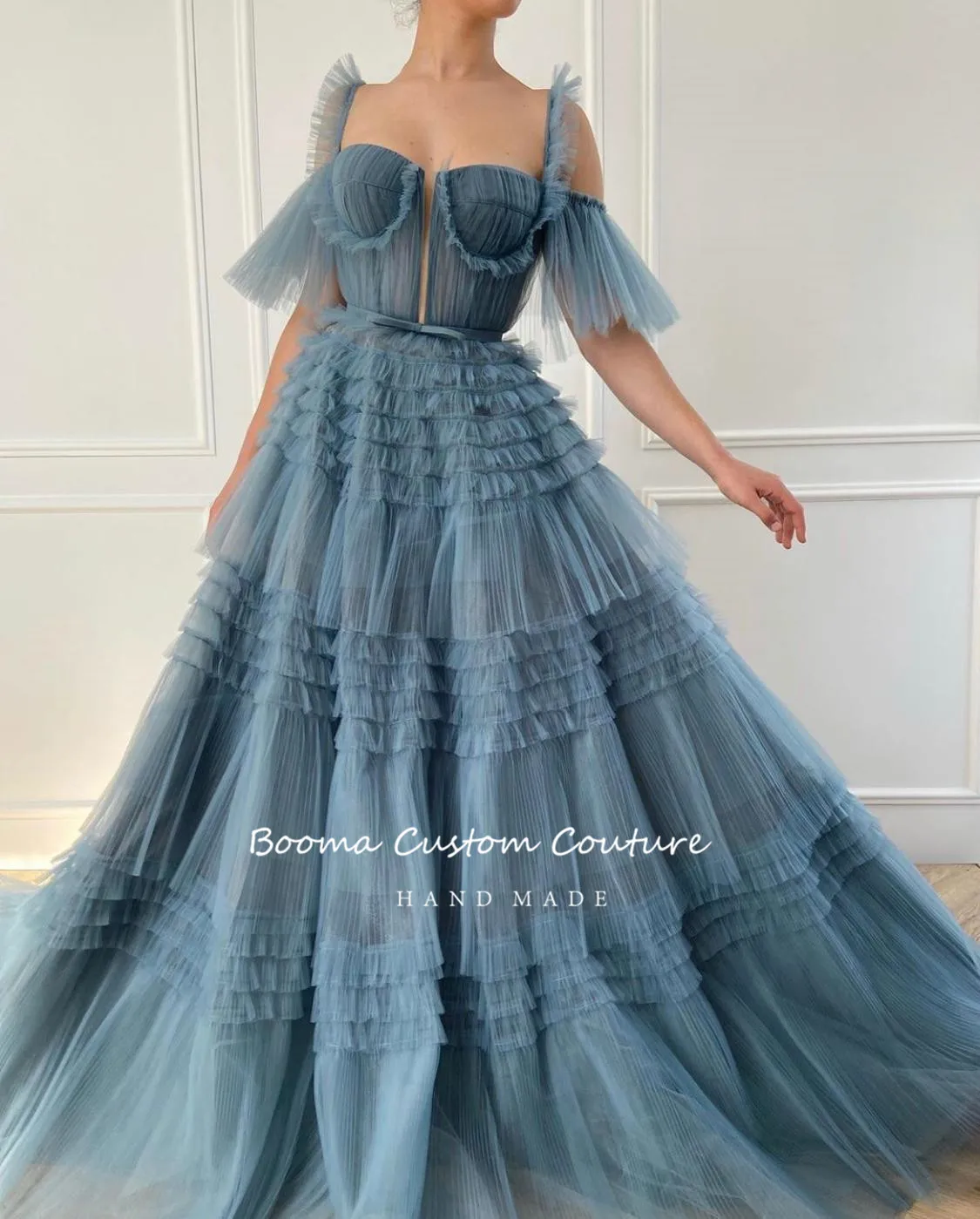 Booma Blue Long Prom Dresses Sweetheart Pleated Tulle Ruffles Evening Dresses Off Shoulder Tiered A-Line Formal Party
