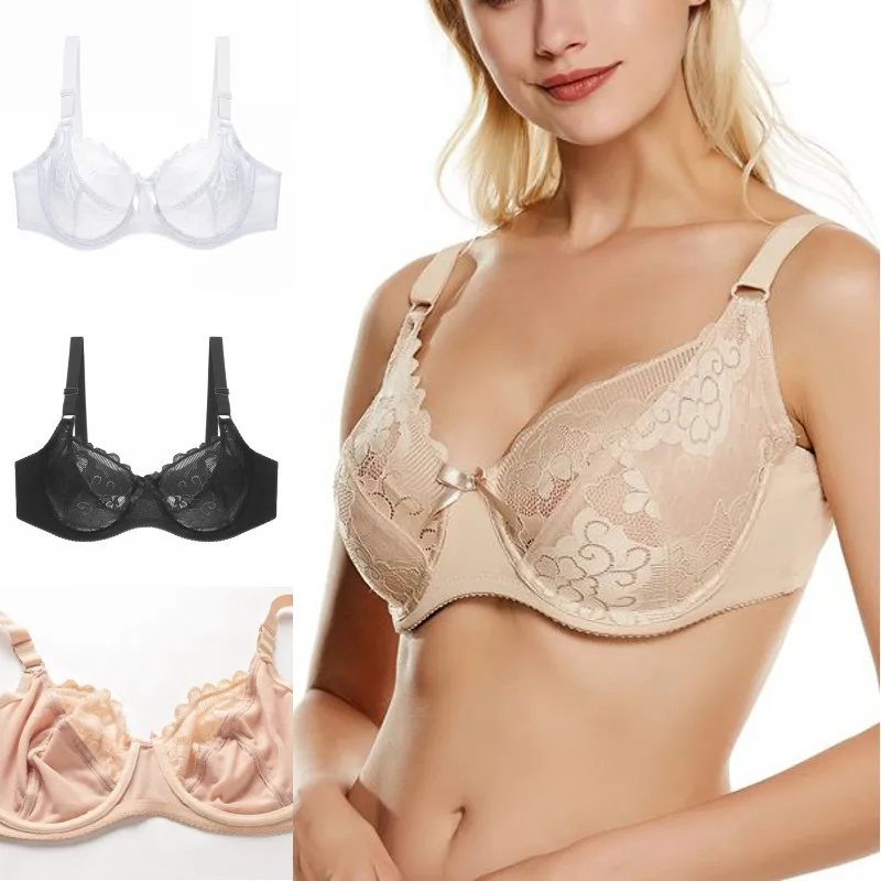 

Bras For Women Thin Lace Large Cup Fat MM Plump Bra With Steel Ring Gathered Bra Bow Solid Color Bra