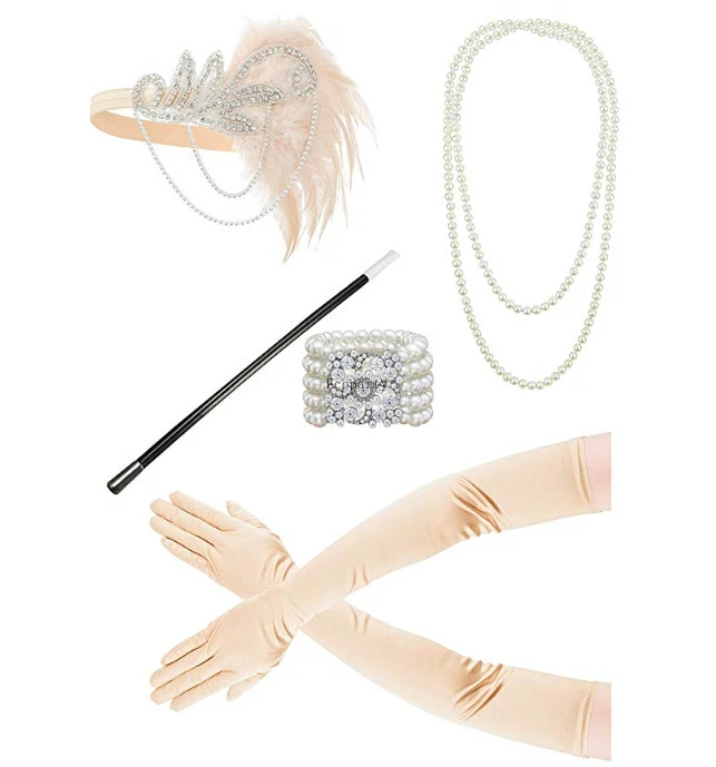 New 1920s flapper dress accessories Retro Party props GATSBY CHARLESTON headband pearl necklace white feather band for wedding anime outfits