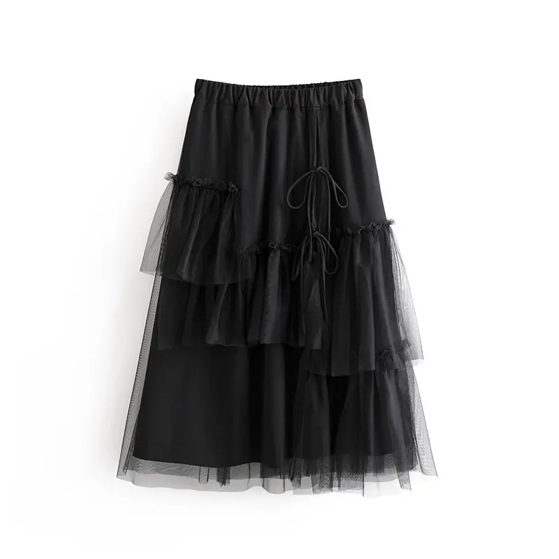 women fashion irregular mesh stitching black asymmetrical skirt autumn female chic casual stylish Skirts vestidos mujer QUN485