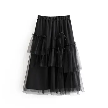 

women fashion irregular mesh stitching black asymmetrical skirt autumn female chic casual stylish Skirts vestidos mujer QUN485