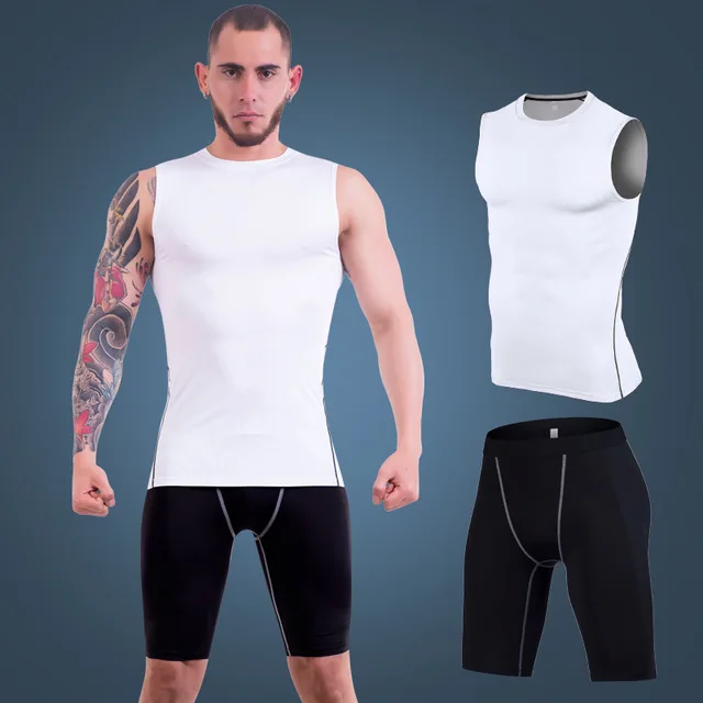 white black Мужские Компрессионные спортивные жилетки+ шорты, комплекты из 2 предметов для бега, Быстросохнущий мужской спортивный костюм, спортивные костюмы, летняя спортивная одежда для фитнеса - Цвет: white black