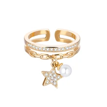 Gold Silver Color Ring for Women Classic Adjustable Size Plus Imitation Pearl CZ Star Pendant Elegant Jewelry Accessories 2021
