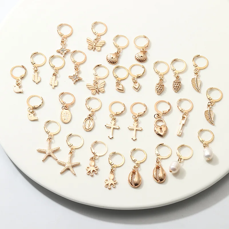 

Fashionable Women Alloy Leaf Pearl Asymmetric Golden Heart Lock Key Starfish Shell Butterfly Drop Earrings Jewelry For Girls