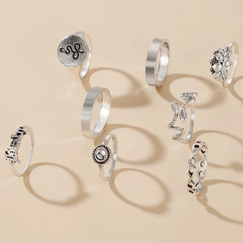Tocona 8pcs/sets Vintage Silver Color Lotus Joint Ring for Women Letter Shiny Rhinestone Gemetric Wedding Ring Jewelry 15841 - Image 2