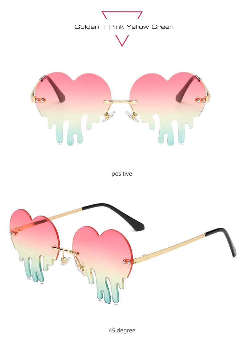 SO&EI Fashion Unique Love Heart Tear Shape Sunglasses Women Colorful Rimless Eyewear Vintage Clear Ocean Lens Female Sun Glasses big cat eye sunglasses