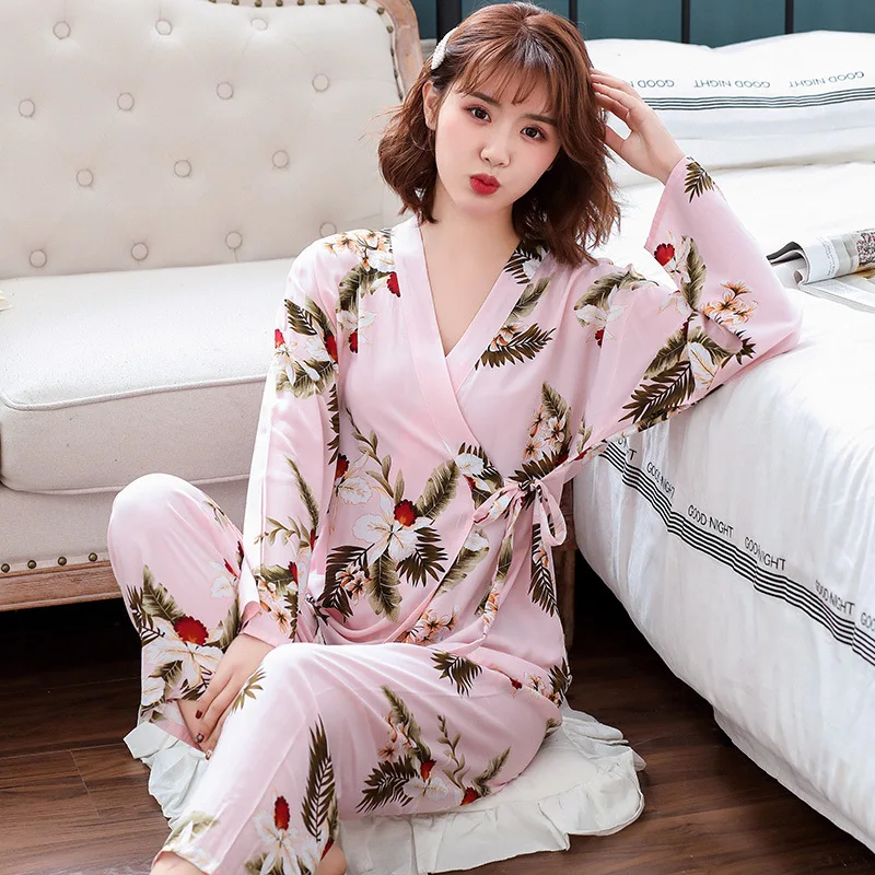 

Young Lady Nightgown Lace Full Sleeve Sleepwear With Belt Autumn Long Home Dressing Gown Print Flower V-Neck Intimate Lingerie