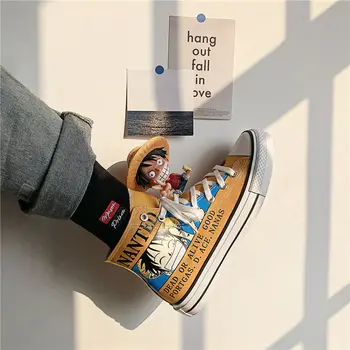 

One Piece Shoes Women Japan Cartoon Canvas Shoes men's Fashion Casual Breathable Shoes 13 Color Men High-top Sneakers Men 34-44