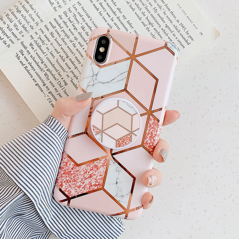 

LOVECOM Electroplated Marble Phone Case For iPhone XR XS Max 6 6S 7 8 Plus X Kickstand Folded Flexible Holder Soft Back Cover
