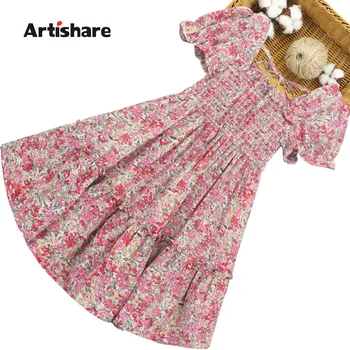 

Summer Dress For Girls Floral Print Dresses For Girl Square Collar Party Dress Child Butterfly Sleeve Costume For Girls