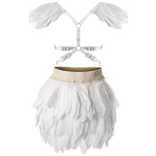 Топ с перьями и эполетом, эластичная мини-юбка трапециевидной формы, Модный комплект нижнего белья в стиле Харадзюку, готика, фетиш, танец, Рейв