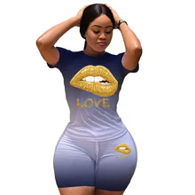 

YICIYA Women Gradient Love Lip Print Sport Two Piece Set O-Neck Tee Tops Shorts Jogger Suit Tracksuit Matching Set Outfits 2021