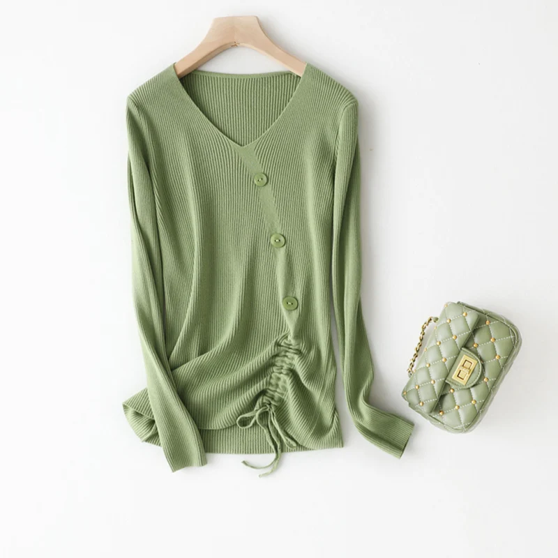 

2019 autumn drawstring single-breasted round neck solid color sweater comfortable trend temperament wild sweet