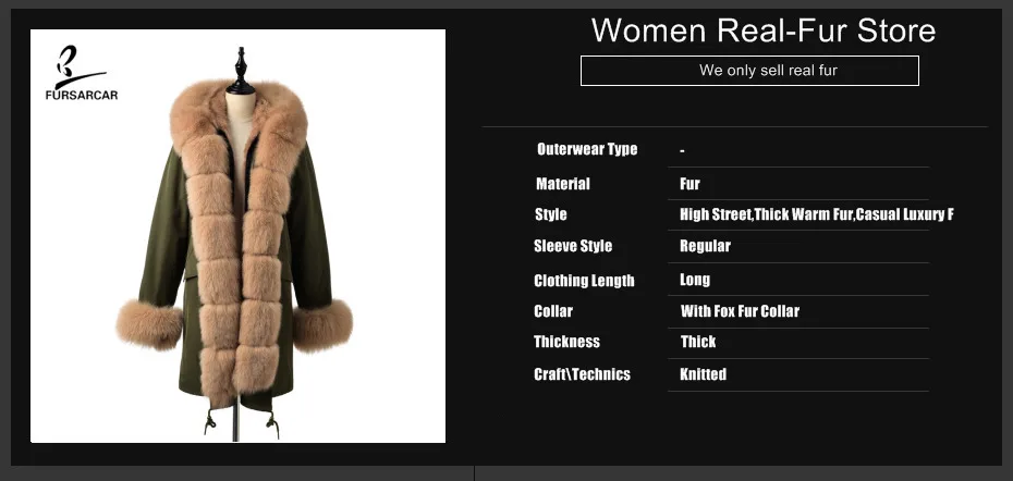 FURSARCAR Amy Green Whaterproof Women Winter Parkas With Real Fox Fur Collar And Rex Rabbit Lining Hooded Long Jackets And Coats