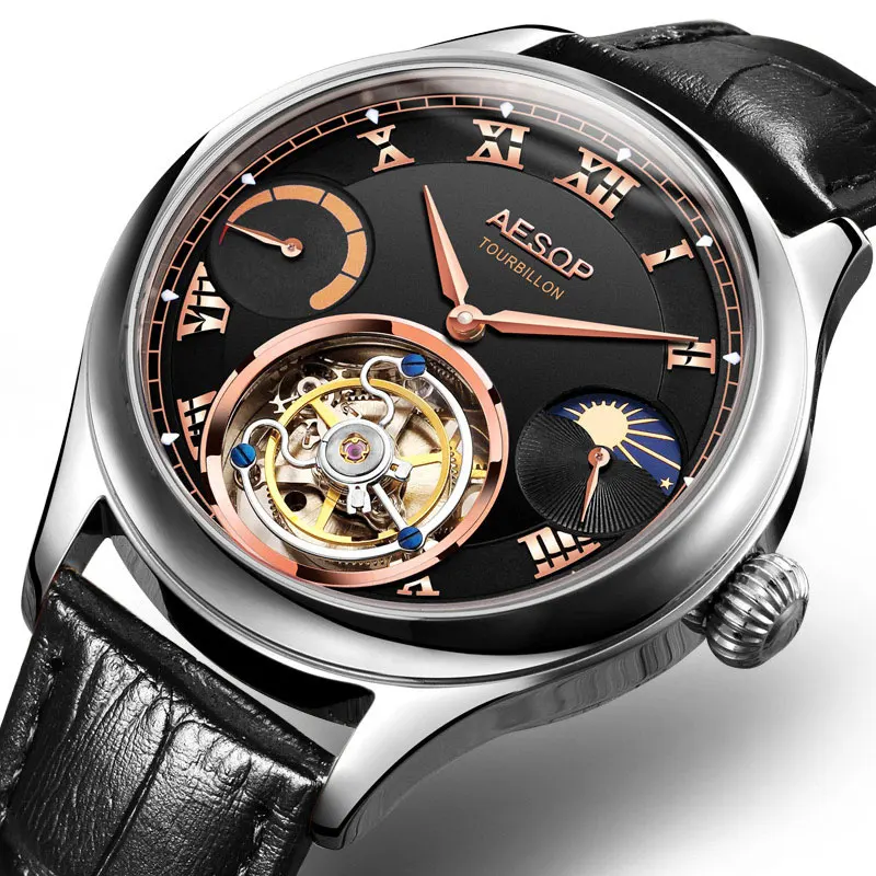 Лидирующий бренд, Мужские Оригинальные настоящие Tourbillon часы, многофункциональные, с двумя часовыми поясами, с Луной, фазой, светящиеся, мужские деловые часы - Цвет: Black