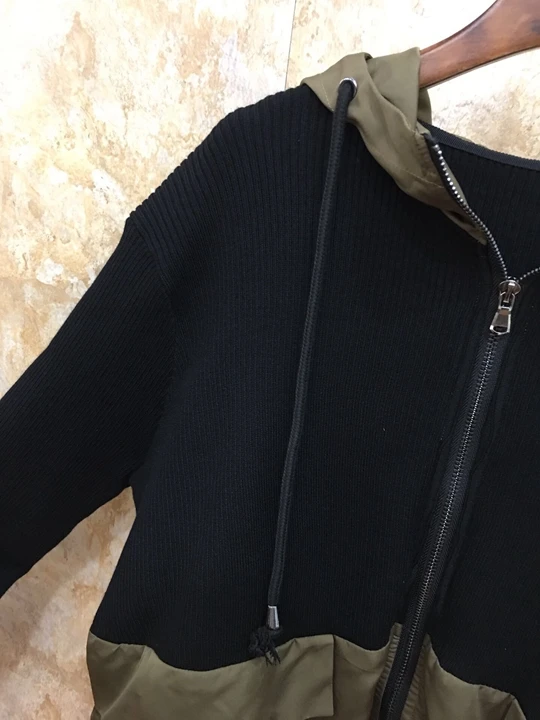 early autumn new female neckline drawstring hooded decorative color matching zipper long sleeve short coat 1005