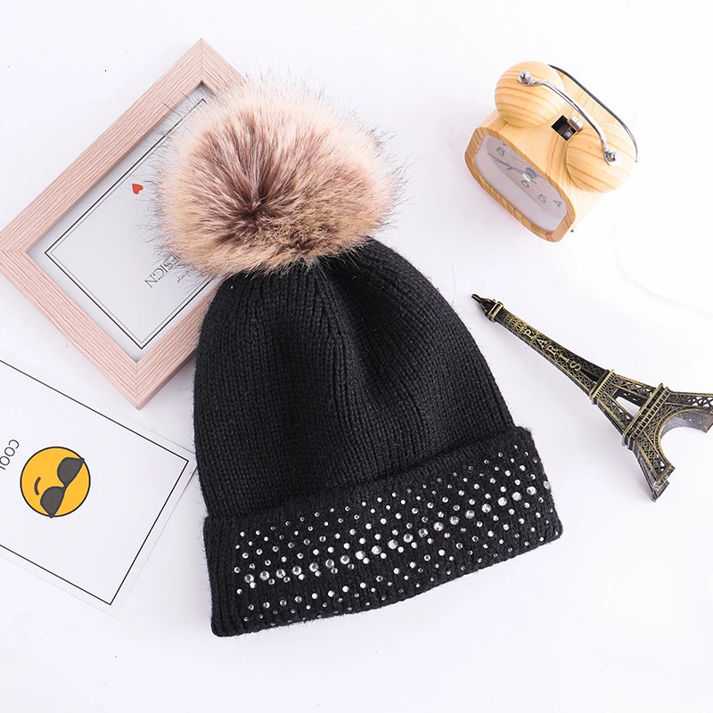 Женская осенне-зимняя Мягкая вязаная шапочка шапка Skullies Beanies со стразами Вязаная Шерстяная Шапка Повседневная модная женская теплая шапка s