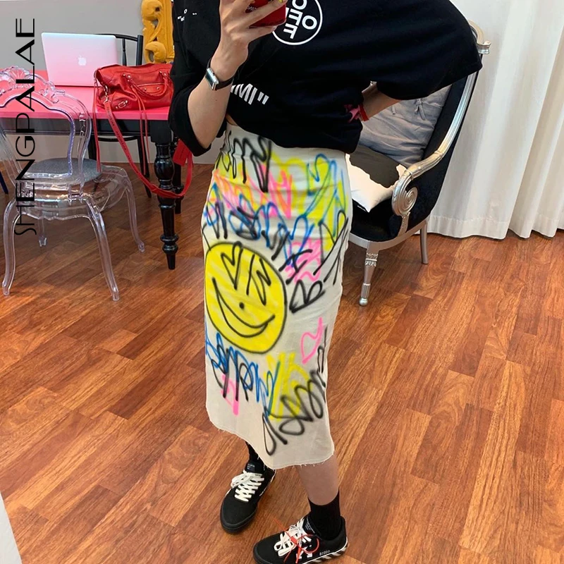 

SHENGPALAE New 2019 Spring Summer Japan Korea Style Women Mid-calf Empire Waist Print Slim Was Thin Straight Skirt Tide FQ912