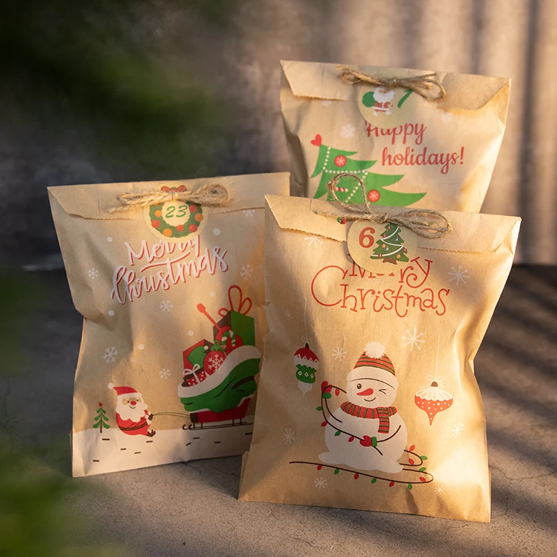 Bolsas de papel Kraft para Navidad, conjunto de 24 bolsas de regalo de Papá Noel, muñeco de nieve, zorro, para fiesta de Navidad, bolsa de galletas de caramelo, Insumos para envolver regalos