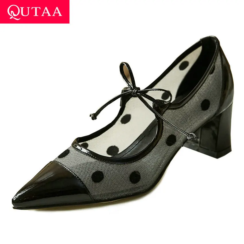 

QUTAA 2020 Polka Dot Mesh Cow Leather Elegant Ladies Pumps Square Heel Fashion Pointed Toe Slip on Women Single Shoes Size 34-40