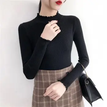 

EDCRFV Women Ribbed Knit Agaric Ruffles Sweater Slim Turtleneck Solid Color Jumper Tops