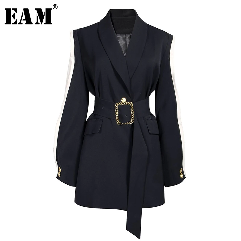 

[EAM] Loose Fit Black Spliced Hit Color Belt Jacket New Lapel Long Sleeve Women Coat Fashion Tide Autumn Winter 2020 1A879